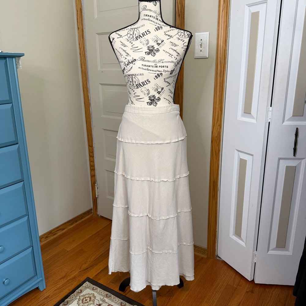 Dressbarn Boho Maxi Skirt Womens 16 Linen Blend Tiered Raw Edge Boho A-Line